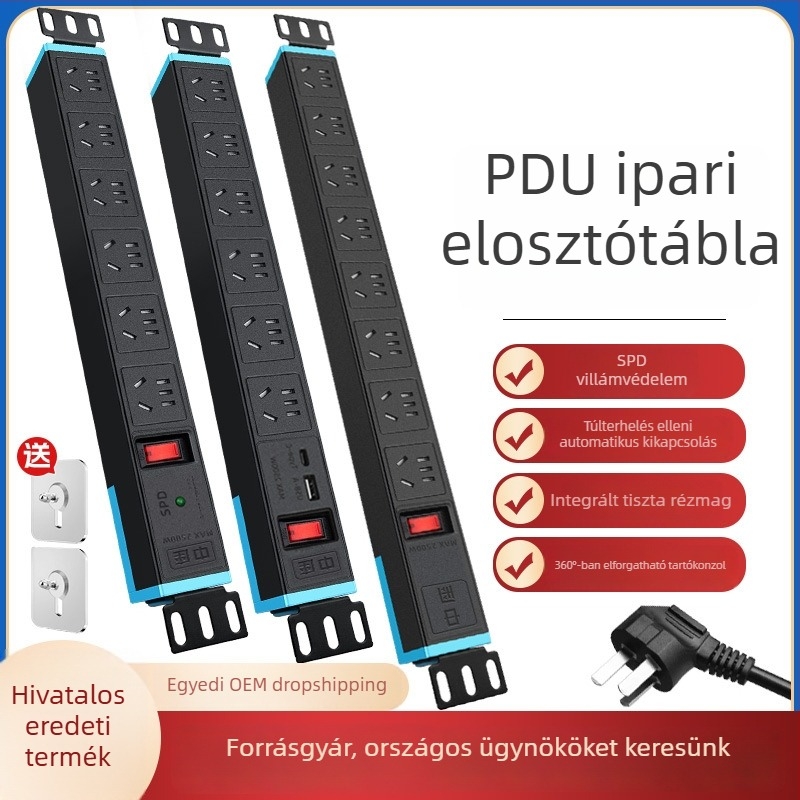 PDU elosztó szekrényekhez/szerver szobákhoz, több aljzattal, túláram- és túlfeszültség elleni védelemmel