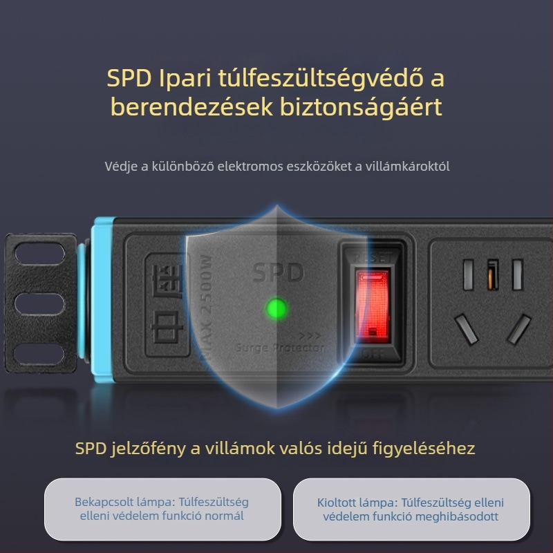PDU elosztó szekrényekhez/szerver szobákhoz, több aljzattal, túláram- és túlfeszültség elleni védelemmel