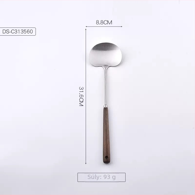304 rozsdamentes acél konyhai eszközök készlet fa nyéllel, élelmiszer-minőségű spatulák, gomba spatulája, lyukas kanál és leveskanál