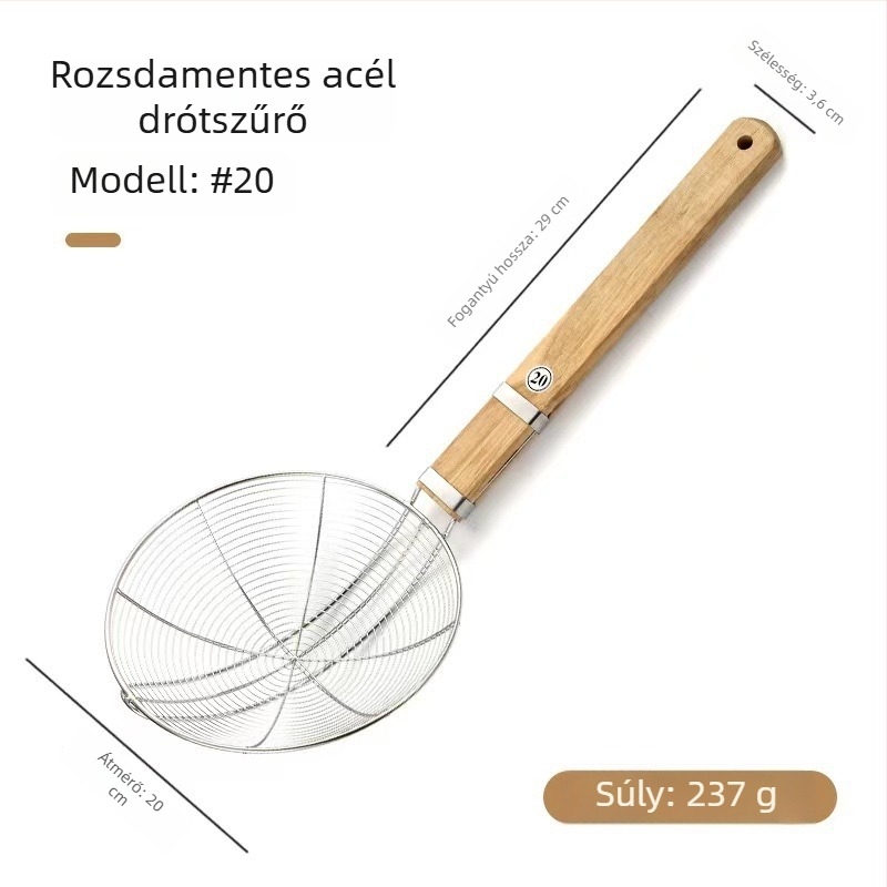 Rozsdamentes acélból készült drótos szita hosszú nyéllel, nagy méretű szűrő tészta főzéséhez, fa nyél