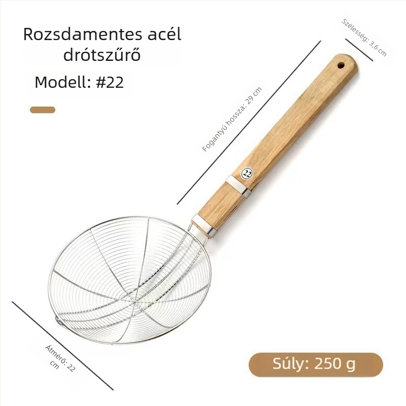 Rozsdamentes acélból készült drótos szita hosszú nyéllel, nagy méretű szűrő tészta főzéséhez, fa nyél