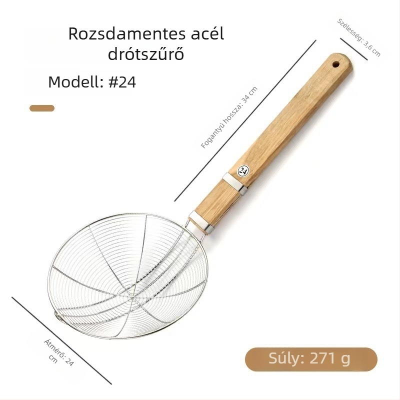 Rozsdamentes acélból készült drótos szita hosszú nyéllel, nagy méretű szűrő tészta főzéséhez, fa nyél