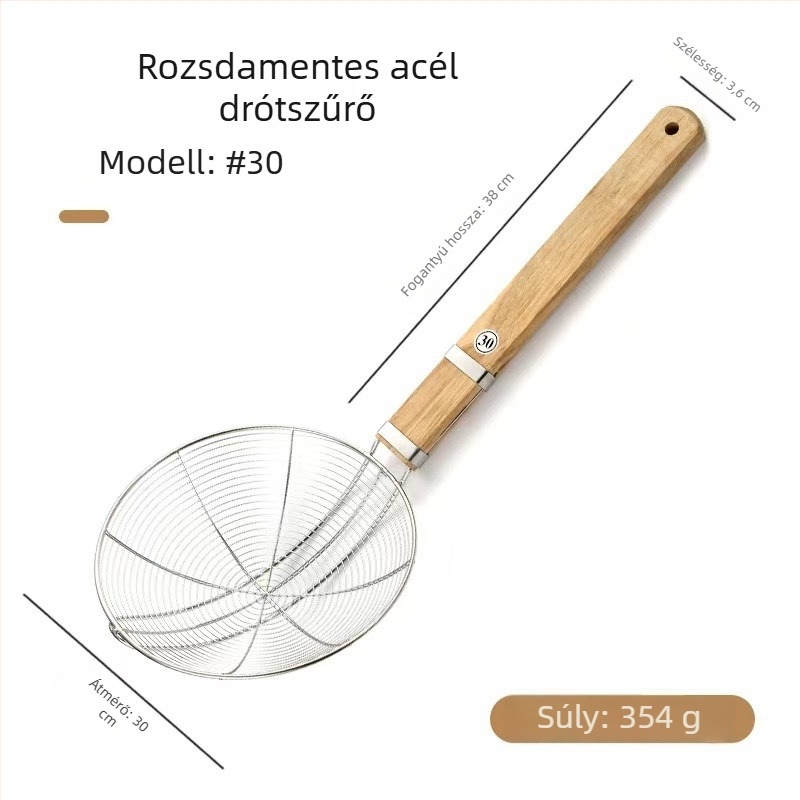 Rozsdamentes acélból készült drótos szita hosszú nyéllel, nagy méretű szűrő tészta főzéséhez, fa nyél