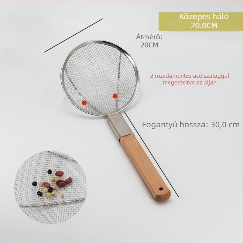 Rozsdamentes acélból készült szita, nagy méret, közepes sűrűségű hálóval, fa fogantyúval, megerősített kivitel