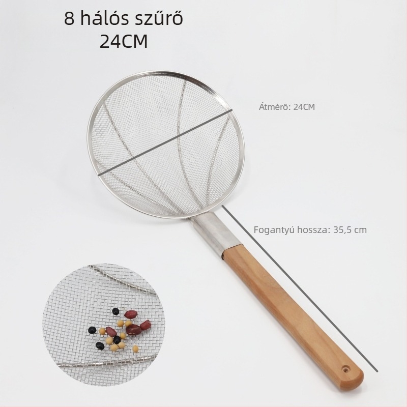 Rozsdamentes acélból készült szita, nagy méret, közepes sűrűségű hálóval, fa fogantyúval, megerősített kivitel