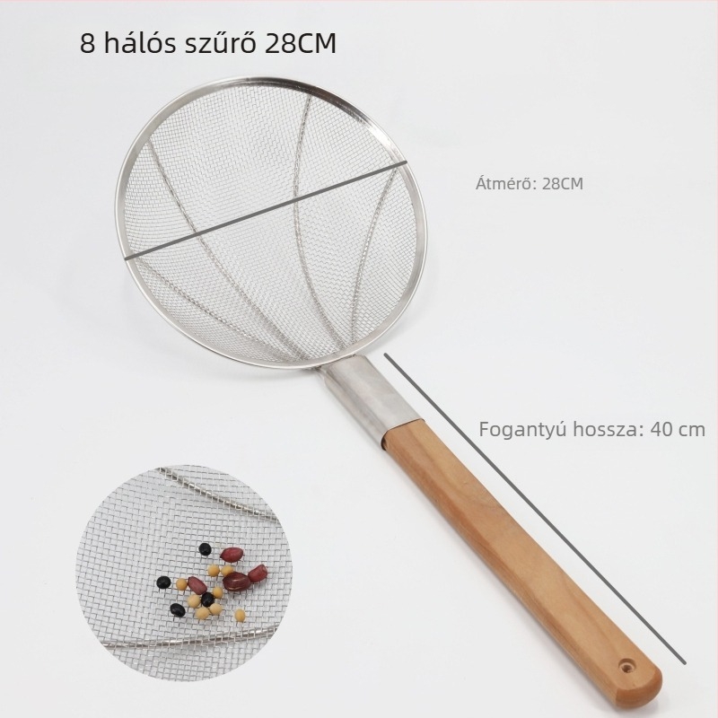 Rozsdamentes acélból készült szita, nagy méret, közepes sűrűségű hálóval, fa fogantyúval, megerősített kivitel
