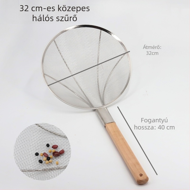 Rozsdamentes acélból készült szita, nagy méret, közepes sűrűségű hálóval, fa fogantyúval, megerősített kivitel