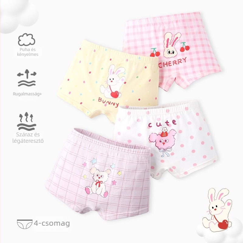 N203 Gyerekeknek boxer briefs, 100% pamut, légáteresztő, tavasz–nyár 2026, nyuszi mintával