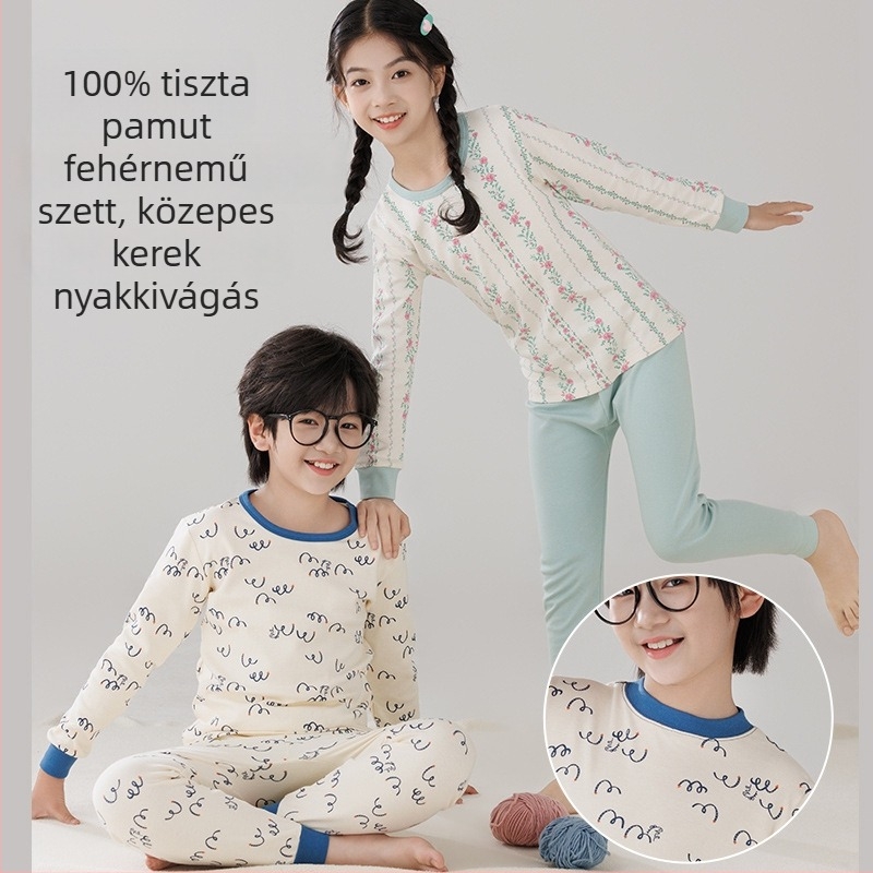 Gyerekeknek készült 100% pamut termoszett – környakú felső és nadrág, téli–őszire