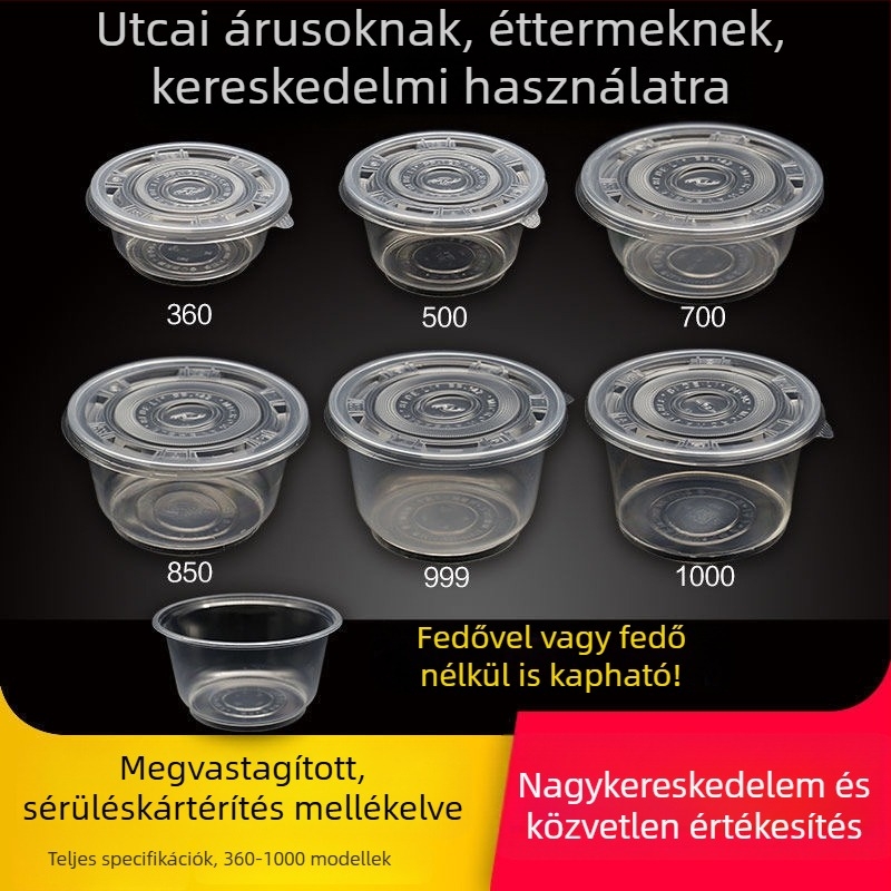 Egyszer használatos műanyag tálak ételrendeléshez, kerek, 360–1000 ml, dobozban 300 darab