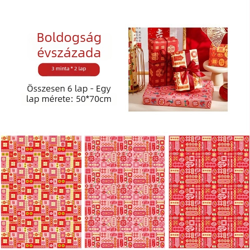 Meow Shu 6 db piros esküvői ajándékcsomagolópapír – ünnepi nemzeti stílus, méret 50×70 cm