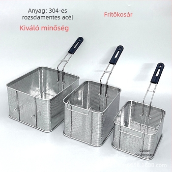 304 rozsdamentes acélból készült perforált fritőzkosár nassolnivalókhoz, csirkemellcsíkokhoz és sült krumplihoz, olaj lecsöpögtetése, szűrőháló, skimmer, kereskedelmi használatra