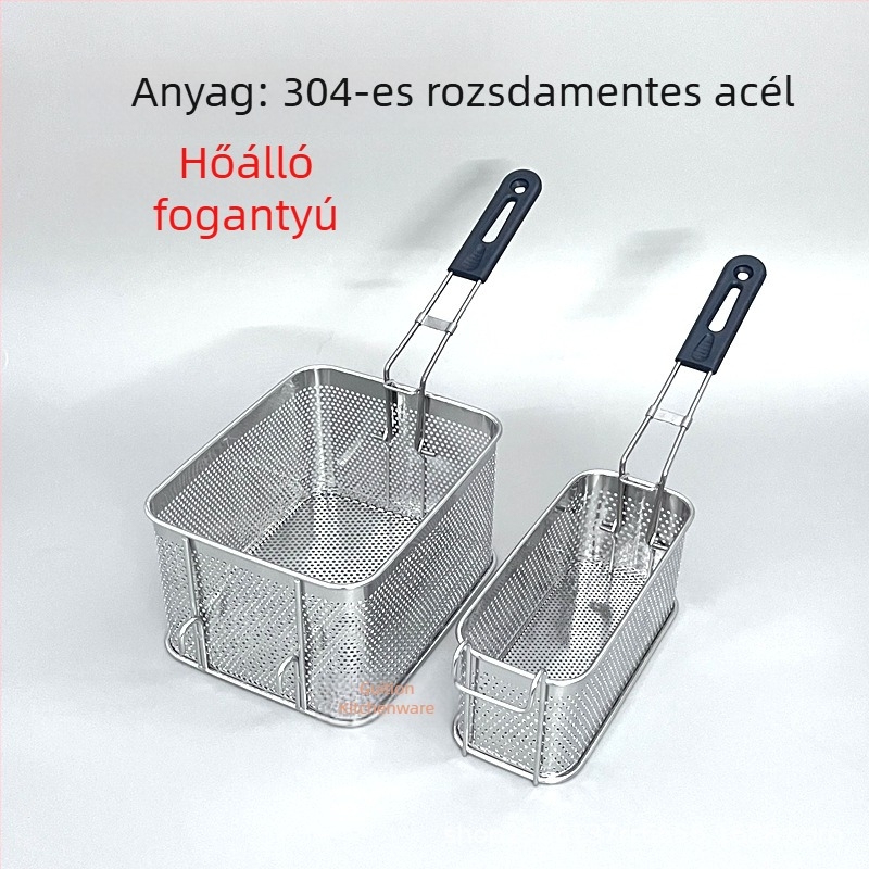 304 rozsdamentes acélból készült perforált fritőzkosár nassolnivalókhoz, csirkemellcsíkokhoz és sült krumplihoz, olaj lecsöpögtetése, szűrőháló, skimmer, kereskedelmi használatra