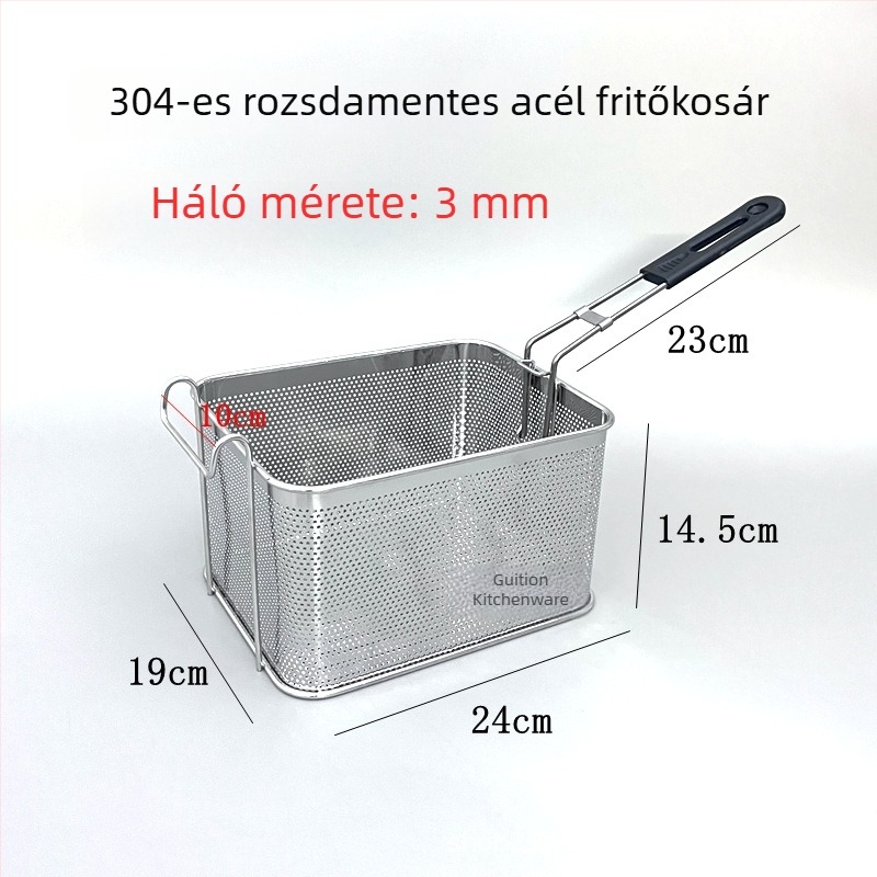 304 rozsdamentes acélból készült perforált fritőzkosár nassolnivalókhoz, csirkemellcsíkokhoz és sült krumplihoz, olaj lecsöpögtetése, szűrőháló, skimmer, kereskedelmi használatra
