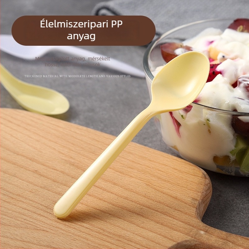 Egyszer használatos vastagított műanyag kanálok készlet: desszertkanál, leveskanál, kásához való kanál, elvitelre szánt ételkanál, gyümölcskanál
