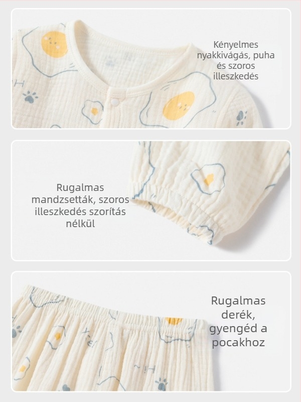 Csecsemő-pamut géz pizsama szett, hosszú ujjú, vékony, bőrbarát, légáteresztő
