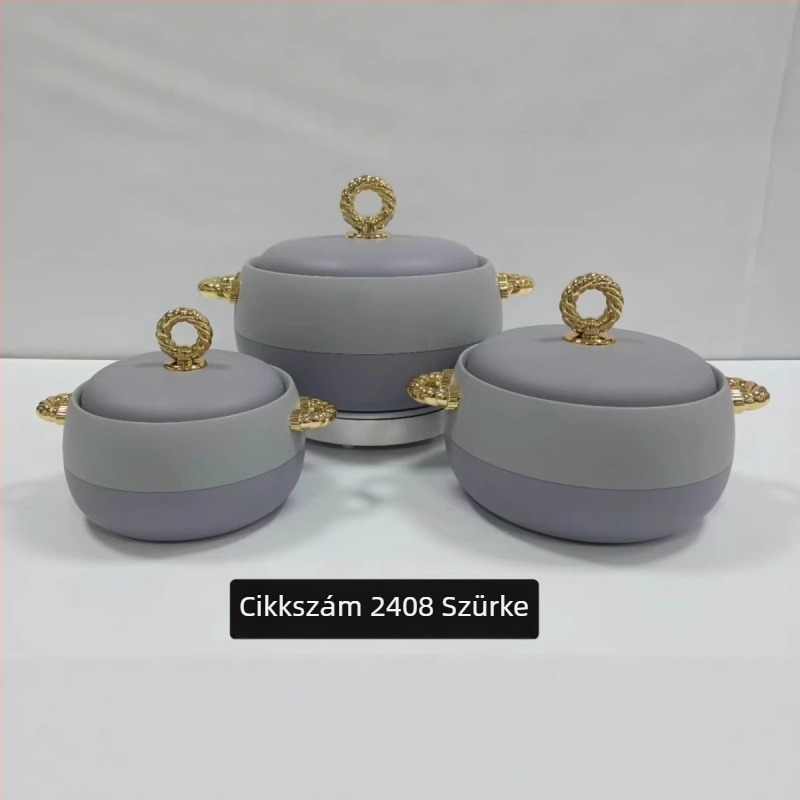 Rozsdamentes acélból készült ételtároló készlet, 3 darab: 1 L, 2 L, 3,5 L, arany fogantyúval, modell 2408