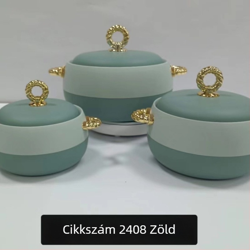Rozsdamentes acélból készült ételtároló készlet, 3 darab: 1 L, 2 L, 3,5 L, arany fogantyúval, modell 2408