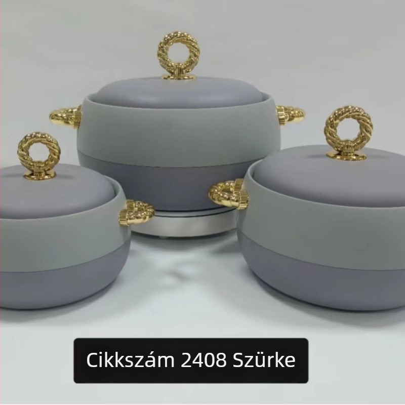 Rozsdamentes acélból készült ételtároló készlet, 3 darab: 1 L, 2 L, 3,5 L, arany fogantyúval, modell 2408