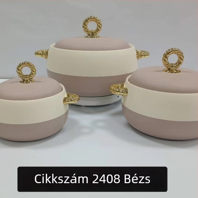 Rozsdamentes acélból készült ételtároló készlet, 3 darab: 1 L, 2 L, 3,5 L, arany fogantyúval, modell 2408