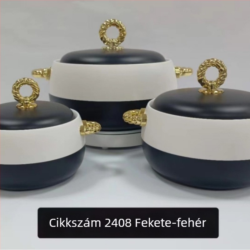 Rozsdamentes acélból készült ételtároló készlet, 3 darab: 1 L, 2 L, 3,5 L, arany fogantyúval, modell 2408