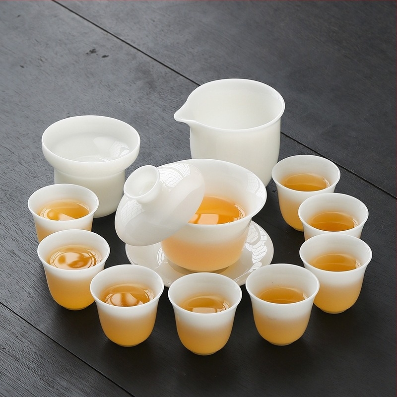 Prémium jade porcelán Gongfu teáskészlet fedeles tálcával – otthonra és irodába szánt ajándékdobozzal