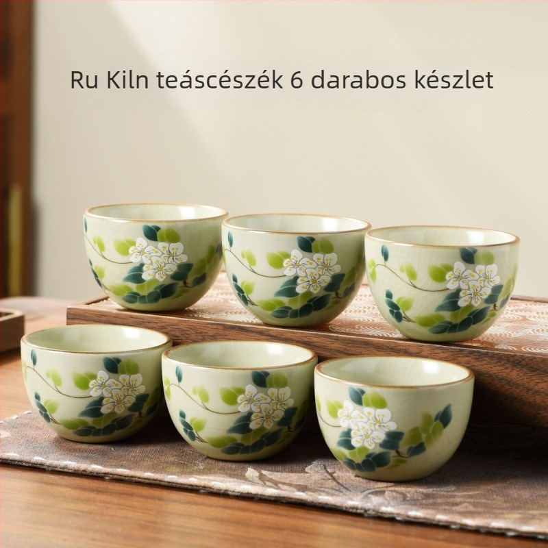 Hat darab porcelán teáscsésze készlet gömbölyű aljú repedéses mázzal, teázáshoz és mindennapi használatra