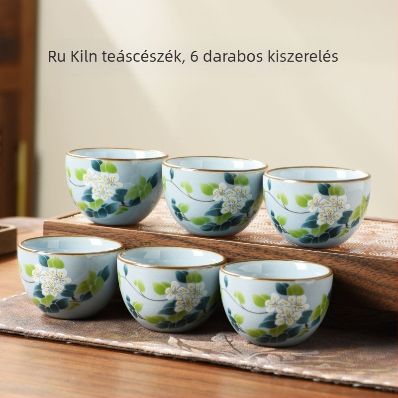 Hat darab porcelán teáscsésze készlet gömbölyű aljú repedéses mázzal, teázáshoz és mindennapi használatra