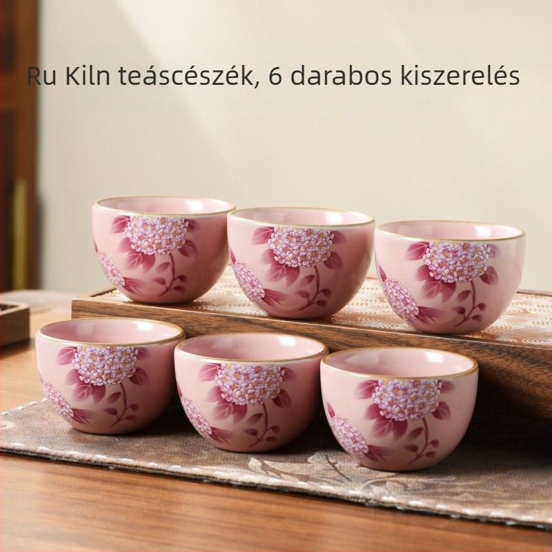 Hat darab porcelán teáscsésze készlet gömbölyű aljú repedéses mázzal, teázáshoz és mindennapi használatra