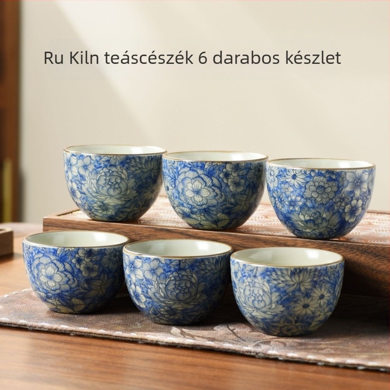 Hat darab porcelán teáscsésze készlet gömbölyű aljú repedéses mázzal, teázáshoz és mindennapi használatra