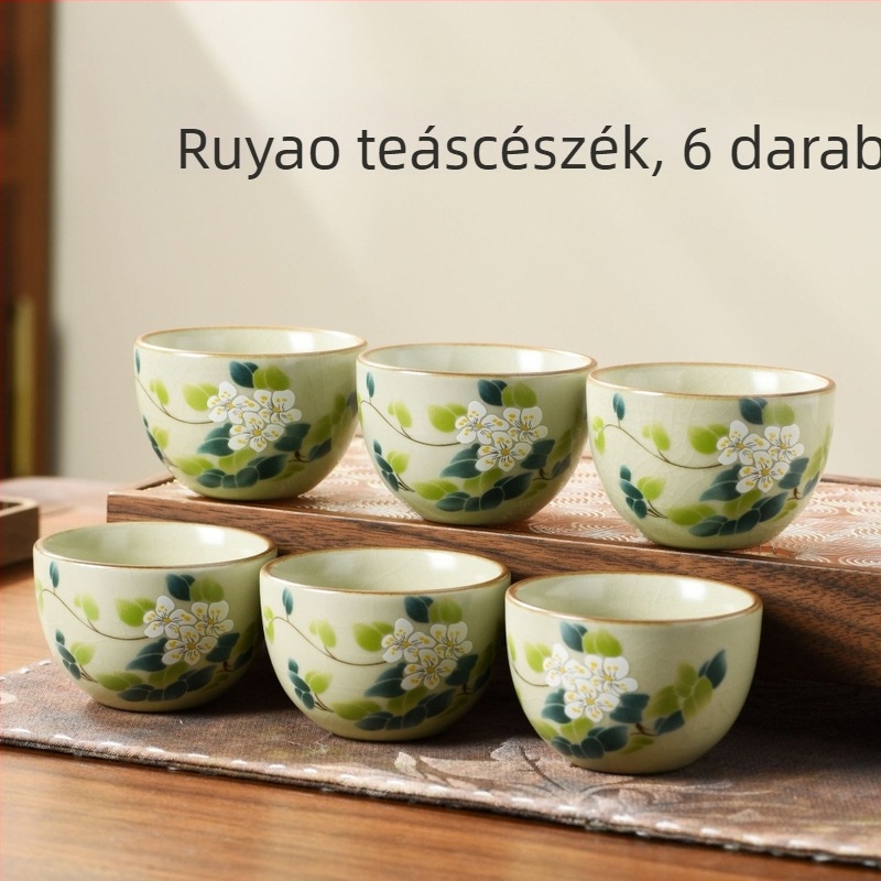 Hat darab porcelán teáscsésze készlet gömbölyű aljú repedéses mázzal, teázáshoz és mindennapi használatra