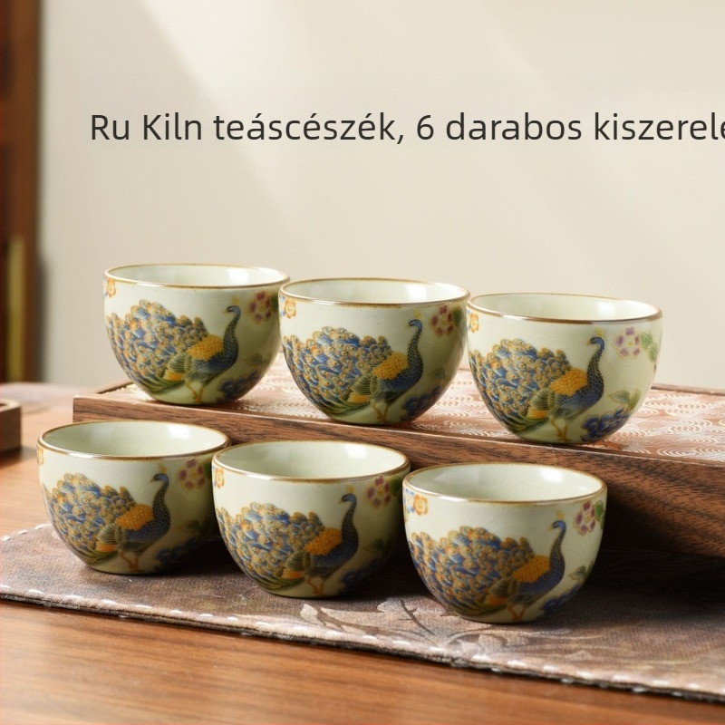 Hat darab porcelán teáscsésze készlet gömbölyű aljú repedéses mázzal, teázáshoz és mindennapi használatra