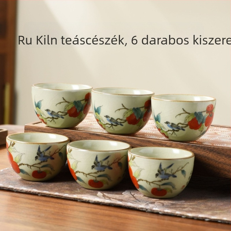 Hat darab porcelán teáscsésze készlet gömbölyű aljú repedéses mázzal, teázáshoz és mindennapi használatra