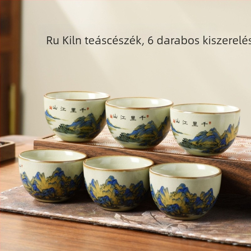 Hat darab porcelán teáscsésze készlet gömbölyű aljú repedéses mázzal, teázáshoz és mindennapi használatra