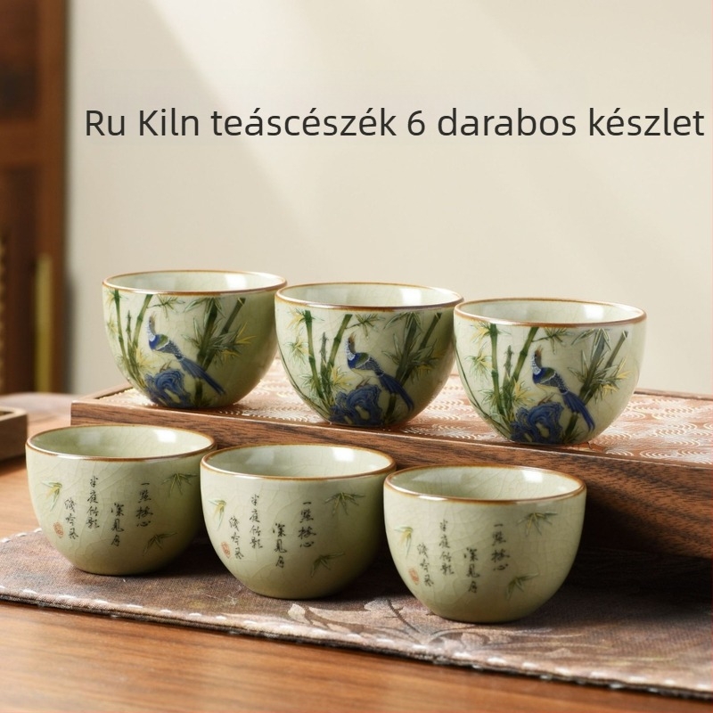 Hat darab porcelán teáscsésze készlet gömbölyű aljú repedéses mázzal, teázáshoz és mindennapi használatra