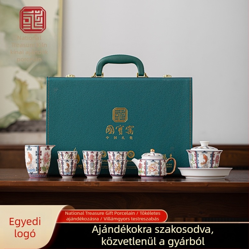 Hexagonális teáskészlet emalzált bevonattal – gaiwan, teáskanna és teáscsészék a díszdobozban