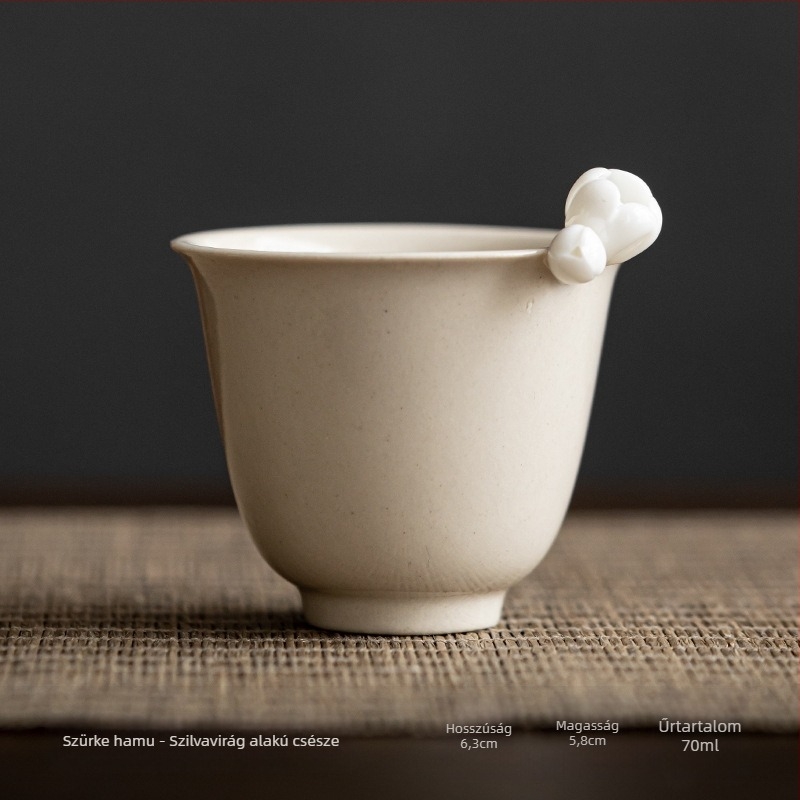 Vintage Gongfu teás készlet: kézzel formázott virágos porcelán teás pohár, fő pohár és kis tál, hamvas szürke máz