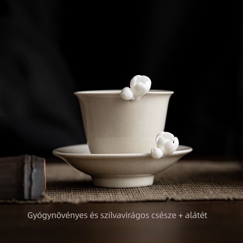 Vintage Gongfu teás készlet: kézzel formázott virágos porcelán teás pohár, fő pohár és kis tál, hamvas szürke máz