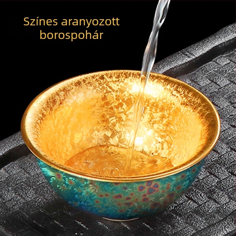 Dehua porcelán Tianmu glazúrral, aranyozott ezüst betéttel, színes teáscsésze, ezüst hal motívumú pohár, Jianzhan Kung Fu teáskészlet