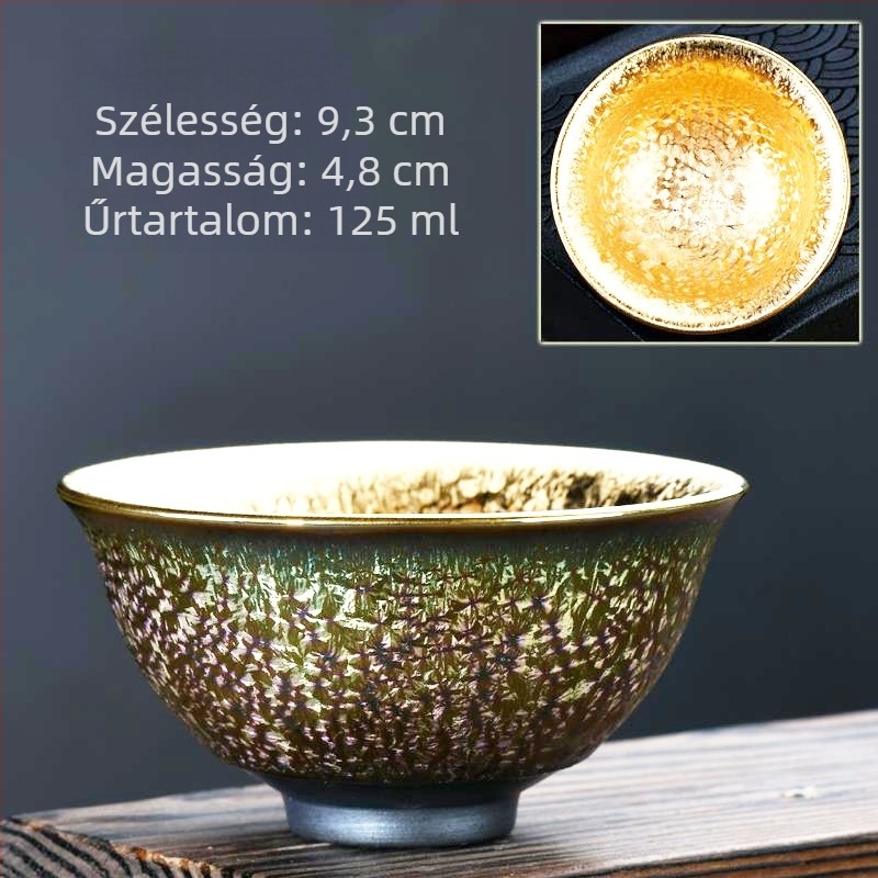 Dehua porcelán Tianmu glazúrral, aranyozott ezüst betéttel, színes teáscsésze, ezüst hal motívumú pohár, Jianzhan Kung Fu teáskészlet