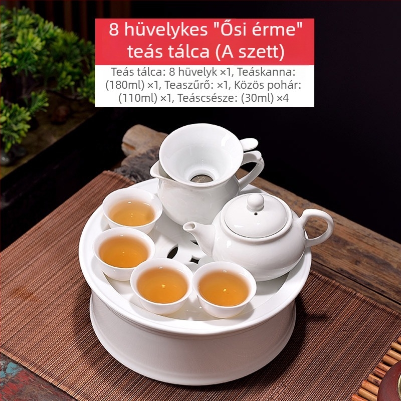 Chaoshan Gongfu teáskészlet irodára és otthonra – fehér porcelán teáskanna, teáscsészék és teás tálca, 6 személyre