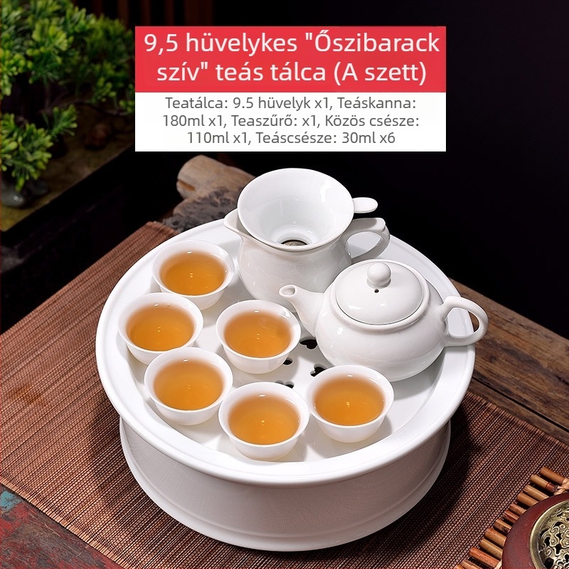 Chaoshan Gongfu teáskészlet irodára és otthonra – fehér porcelán teáskanna, teáscsészék és teás tálca, 6 személyre