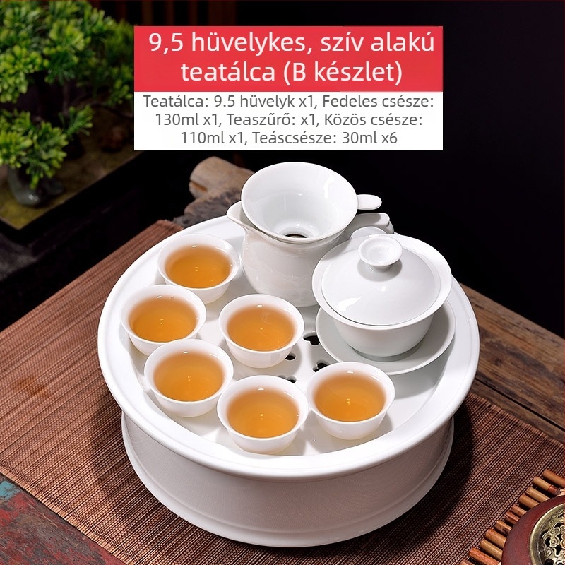 Chaoshan Gongfu teáskészlet irodára és otthonra – fehér porcelán teáskanna, teáscsészék és teás tálca, 6 személyre