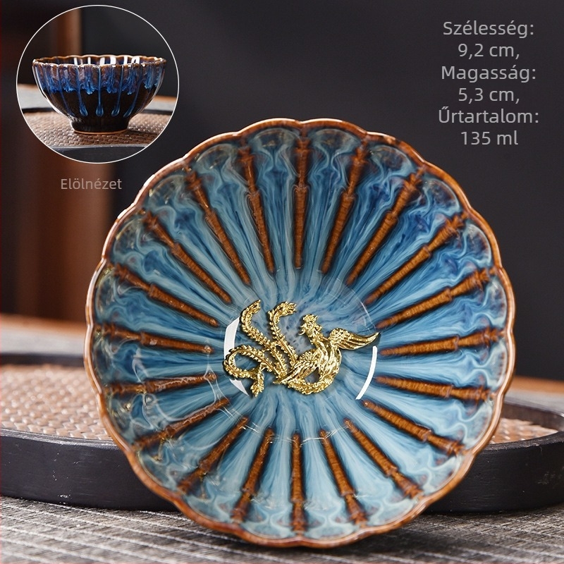 Porcelán teáscsésze Tenmoku glazúrral — teakeverő kóstolócsésze, könnyed luxus retro stílusban, ideális ajándék tea kedvelőknek