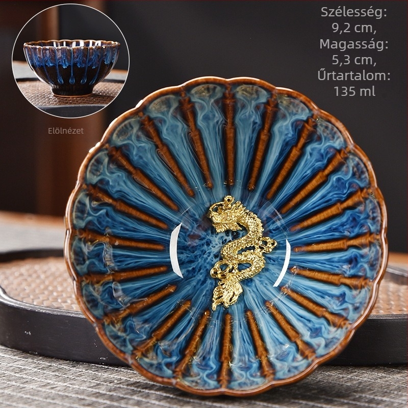 Porcelán teáscsésze Tenmoku glazúrral — teakeverő kóstolócsésze, könnyed luxus retro stílusban, ideális ajándék tea kedvelőknek
