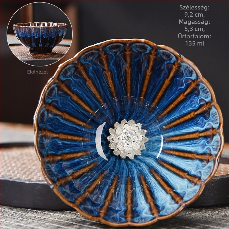 Porcelán teáscsésze Tenmoku glazúrral — teakeverő kóstolócsésze, könnyed luxus retro stílusban, ideális ajándék tea kedvelőknek