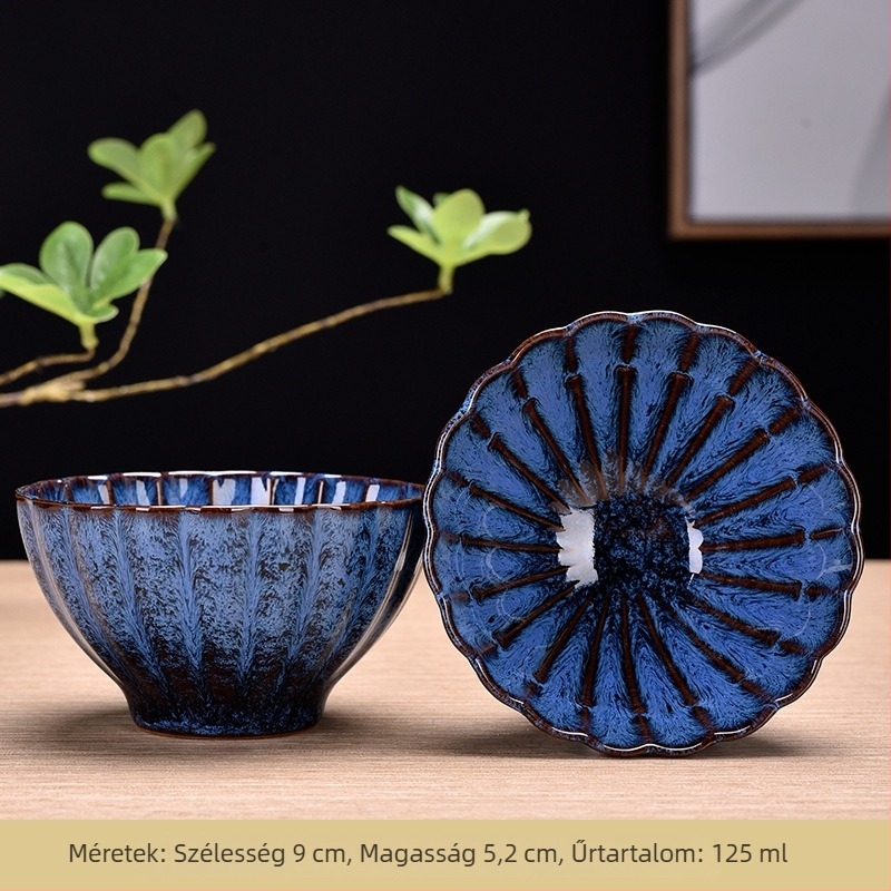 Porcelán teáscsésze Tenmoku glazúrral — teakeverő kóstolócsésze, könnyed luxus retro stílusban, ideális ajándék tea kedvelőknek