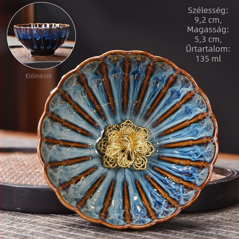 Porcelán teáscsésze Tenmoku glazúrral — teakeverő kóstolócsésze, könnyed luxus retro stílusban, ideális ajándék tea kedvelőknek