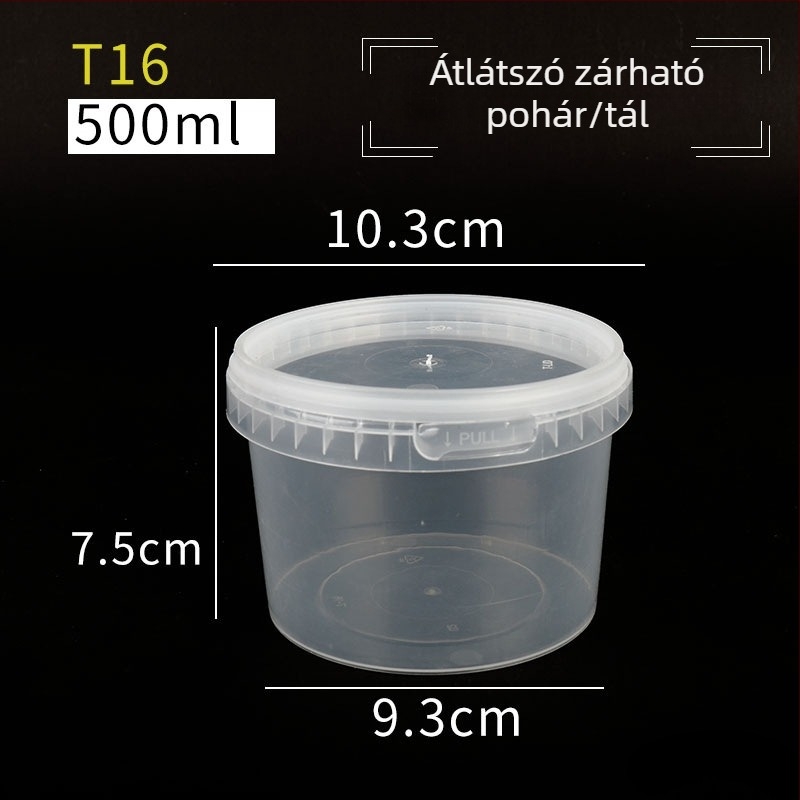 Egyszer használatos műanyag ebédes doboz zárható fedéllel, elvitelre; szivárgásmentes leves pohár és tál, desszert doboz
