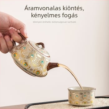 Új kínai stílusú Ru kiln teáskészlet kerámiából, máz feletti felülettel; Tartalmaz egy teáskannát és két csészét
